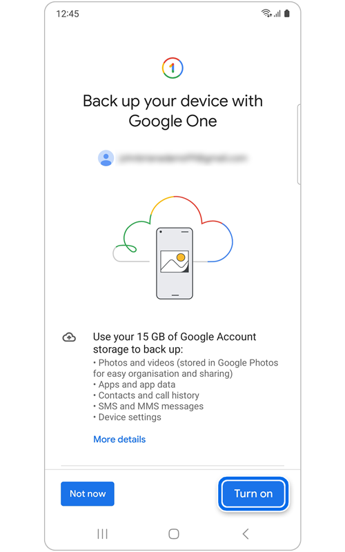 Screen to turn on Google Account storage to back up data