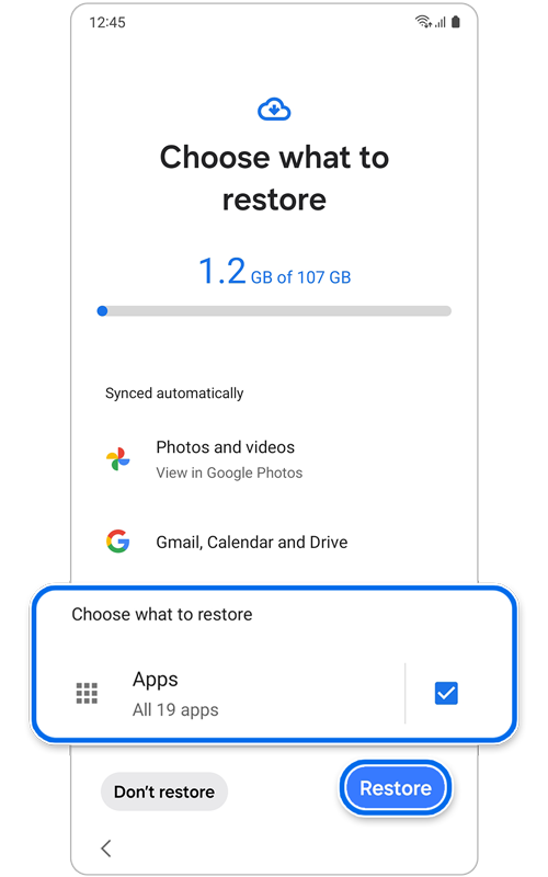Choose what to restore screen