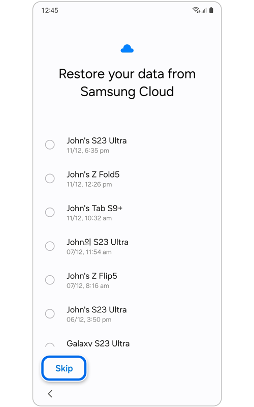 Restore your data from Samsung Cloud screen