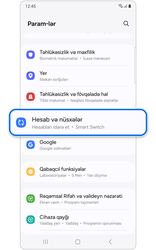 Parametrlər əsas ekranı