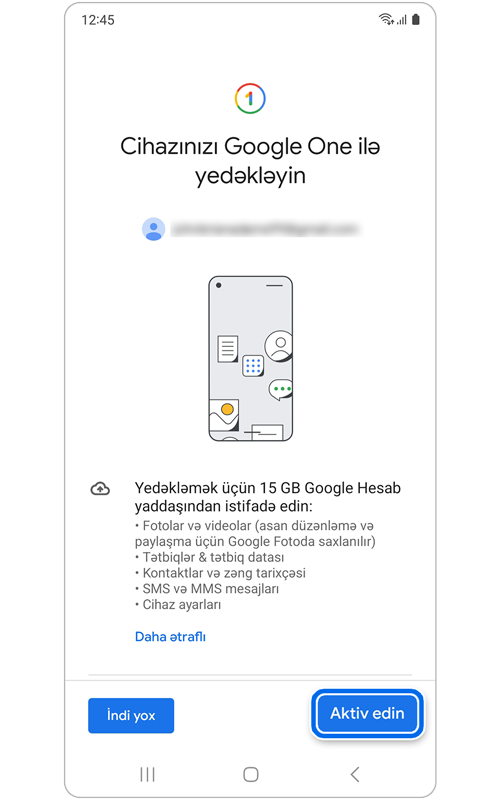 Məlumatları yedəkləmək üçün Google Hesab yaddaşını aktiv etmək üçün ekran