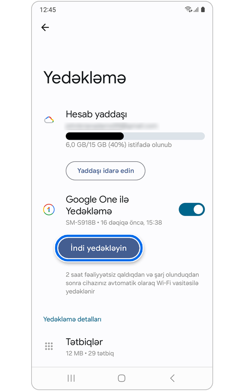 Məlumatları yedəkləmə ekranı
