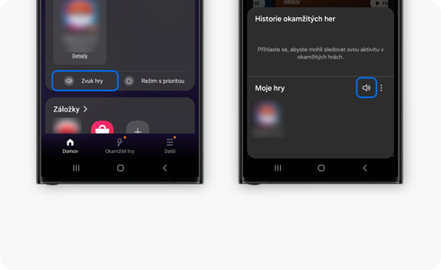 Pohled na aplikaci Gaming Hub se zvýrazněným nastavením zvuku.