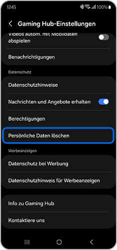 Ein Screenshot der Einstellungen des Gaming Hub wird angezeigt. Die Option Persönliche Daten löschen ist markiert.