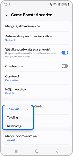 Valige mängu optimeerimine, mida soovite kasutada.