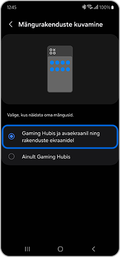 Valige „Gaming Hubis ja avaekraanil ning rakenduste ekraanidel“.