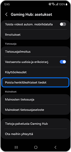 Kuva vaiheesta 3. "Gaming Hub -asetukset" -näyttö ja "Poista henkilötiedot" -valinnan napauttaminen.