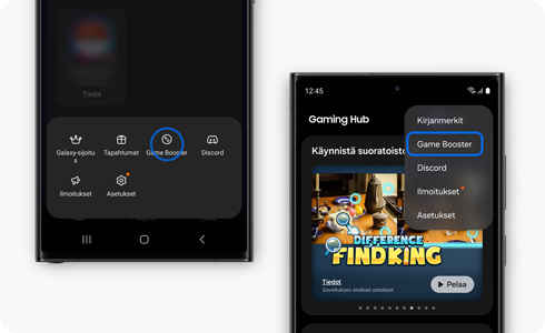 Puhelimen näyttö ja "Gaming Hub" -valikkonäyttö.