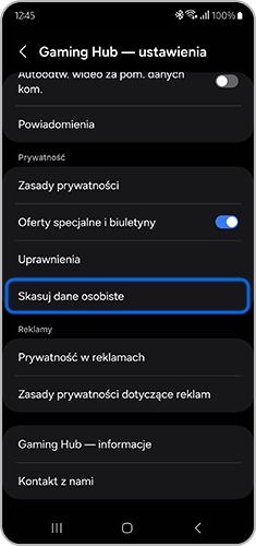 2 Widok kroku 3. Ekran „Gaming Hub — ustawienia” z podświetleniem stuknięcia opcji „Skasuj dane osobiste”.