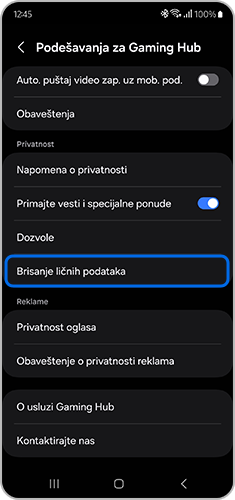 2Prikaz 3. koraka. Ekran „Podešavanja aplikacije Gaming Hub” kada se kucne na opciju „Izbriši podatke o ličnosti”.