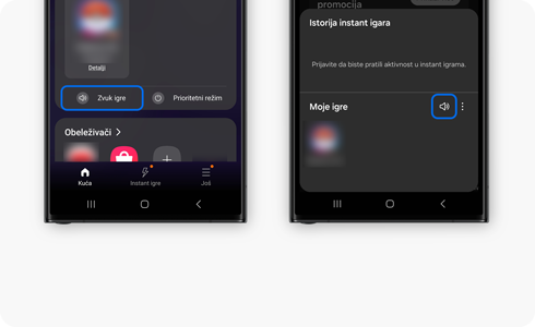 Prikaz aplikacije Gaming Hub s označenom opcijom zvuka.