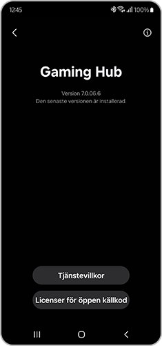 Vista de la información de la pantalla del Acerca de Gaming Hub.
