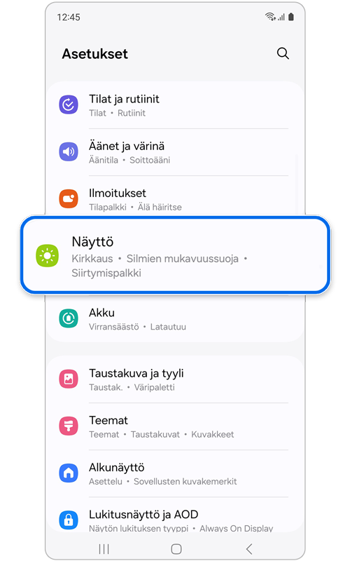 Näyttö on valittu Asetuksissa.