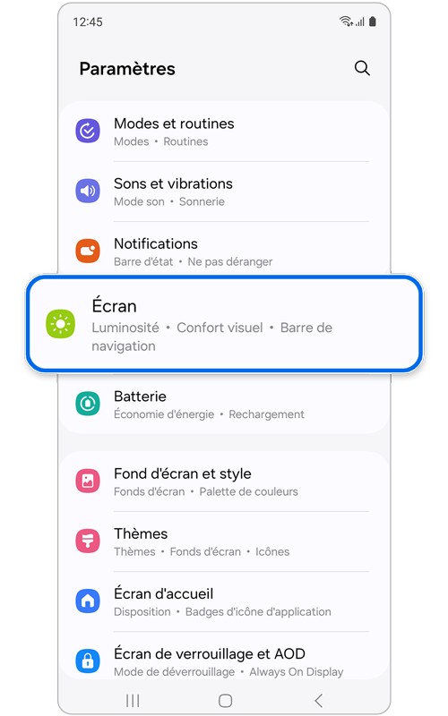 Affichage est sélectionné dans le menu des paramètres