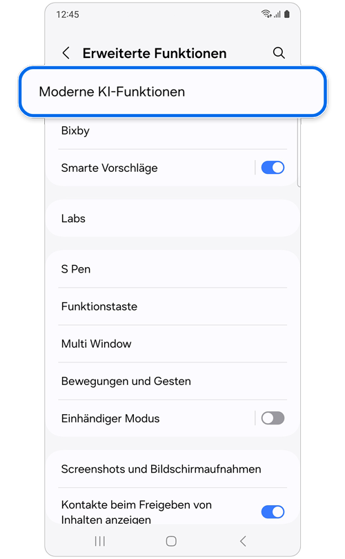 Bildschirm der erweiterten Einstellungen
