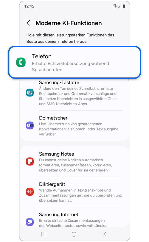 Bildschirm der modernen KI-Funktionen