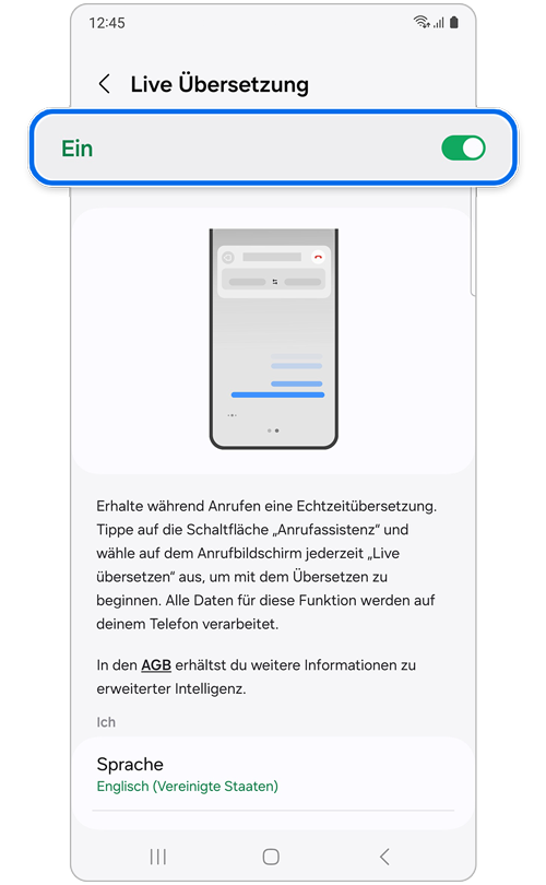 Bildschirm mit eingeschalteter Live Übersetzung