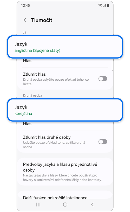 Obrazovka nastavení Tlumočení