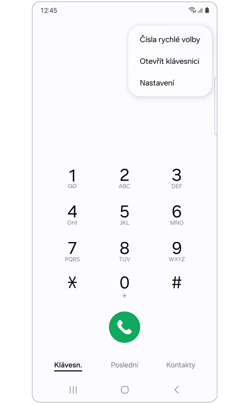 Nastavení v záložce Další možnosti v aplikaci Telefon Samsung