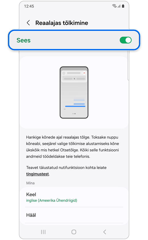 Ekraan, kus funktsiooni Reaalajas tõlkimine lüliti on asendis „Sees“