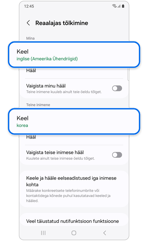 Funktsiooni Reaalajas tõlkimine seadete ekraan