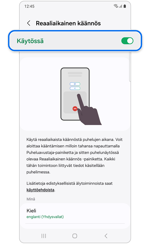 Reaaliaikainen käännös käytössä -näyttö