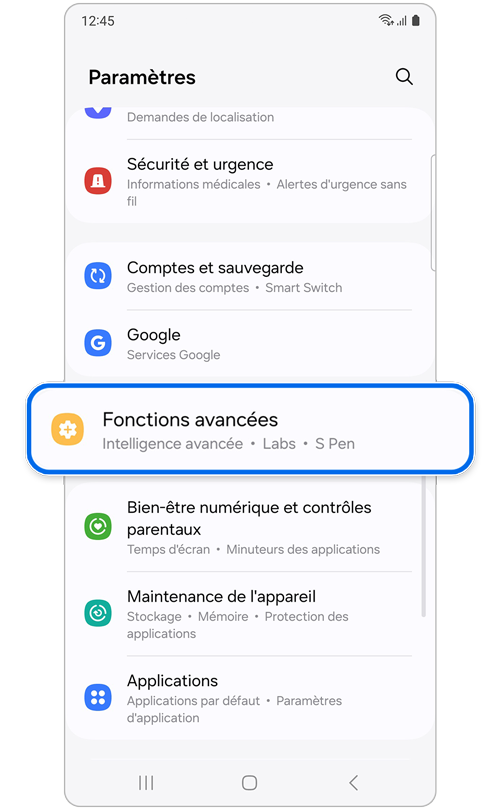 Écran d'accueil du menu des paramètres