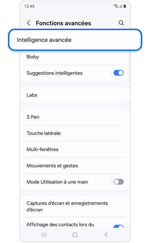 Écran de configuration des fonctions avancées