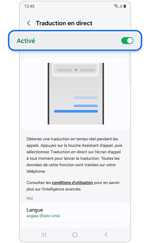 Écran de de la fonction traduction instantanée activée