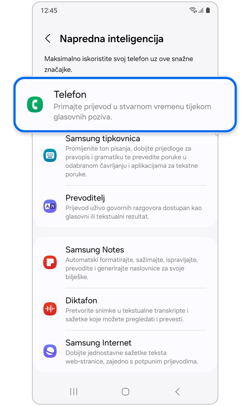 Zaslon postavke Napredna inteligencija