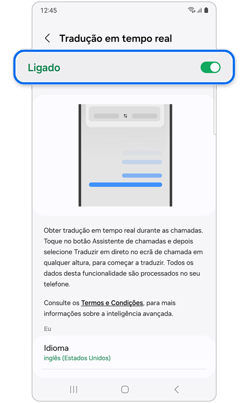 Ecrã de funcionalidade Traduzir em direto ligada