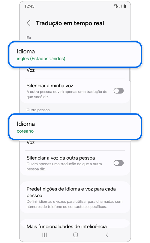 Ecrã de definições da funcionalidade Traduzir em direto