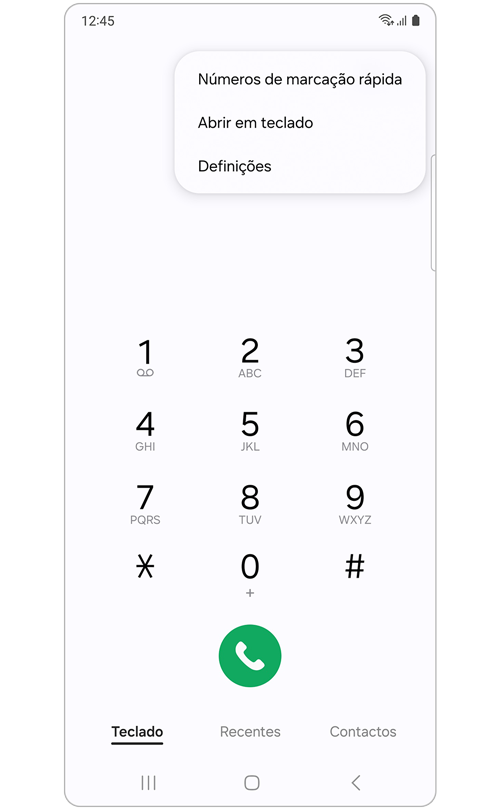 Definições no separador Mais opções na aplicação Telefone da Samsung