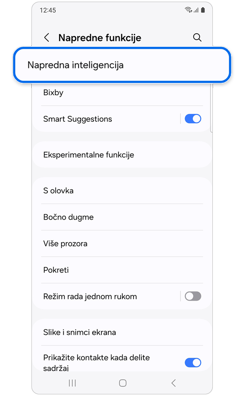 Ekran podešavanja naprednih opcija