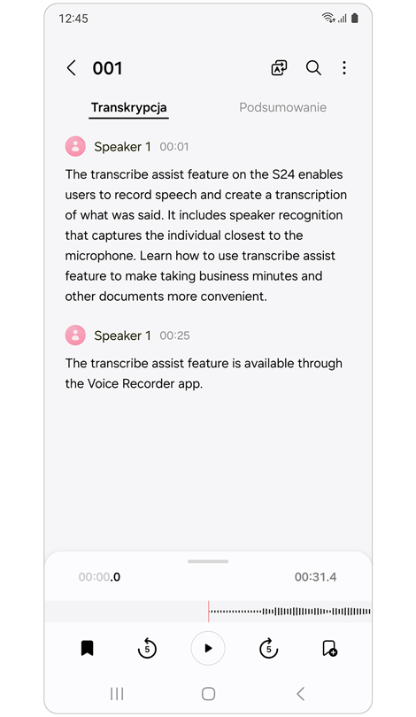 Transkrypcja dyktafonu wyświetlona.