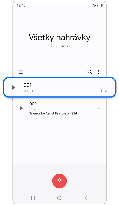 Domovská obrazovka aplikácie Hlasový záznamník.