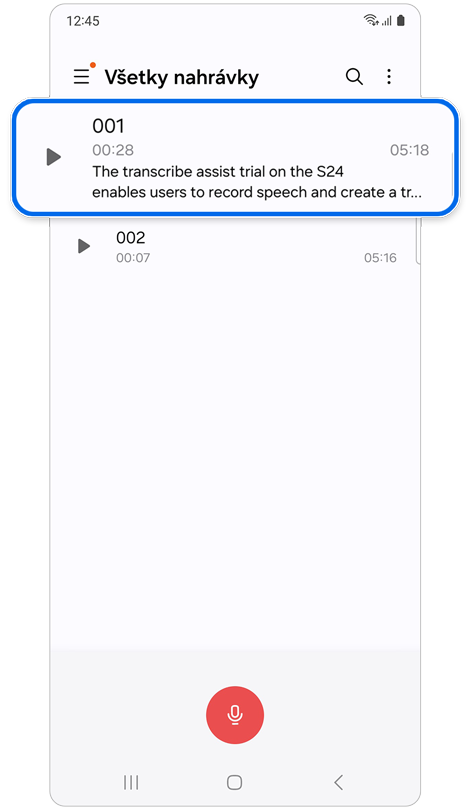 Domovská obrazovka aplikácie Hlasový záznamník.