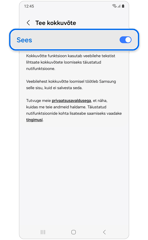 Funktsiooni Tee kokkuvõte Sees-lüliti