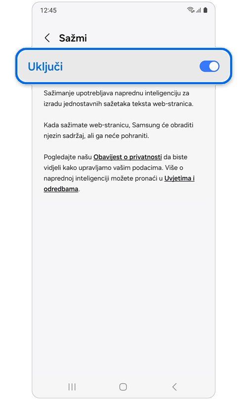 Prekidač funkcije Sažetak na Uključi