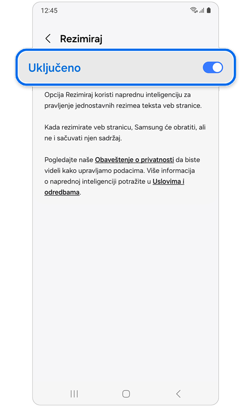 Prekidač funkcije Rezimiraj na Uključeno