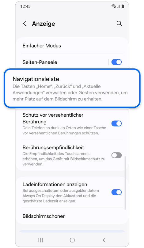 Einstellungsbildschirm für Anzeige.