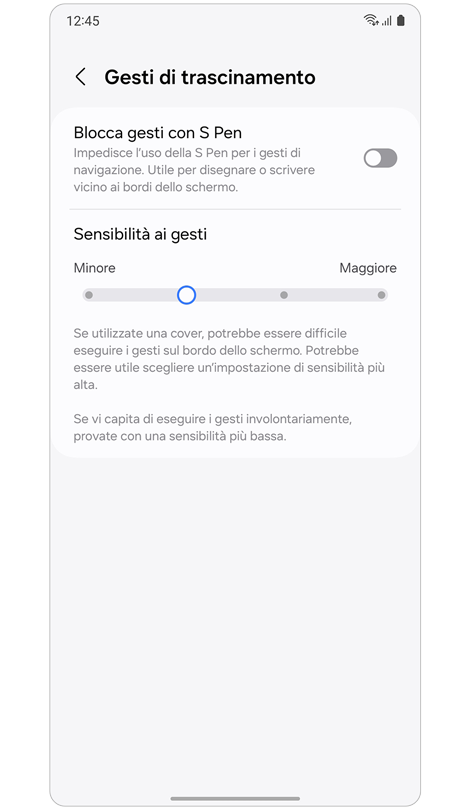 Opzioni delle impostazioni di Gesti di trascinamento.