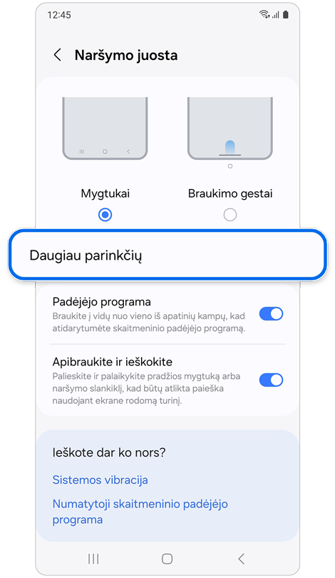 Naršymo juostos nustatymų ekranas.