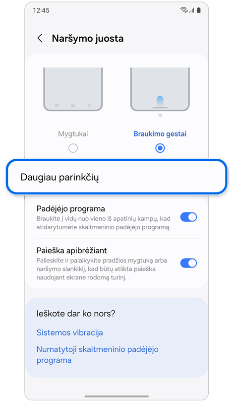 Naršymo juostos nustatymų ekranas.