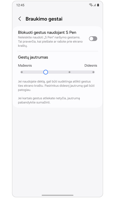 Braukimo gestų nustatymų parinktys.