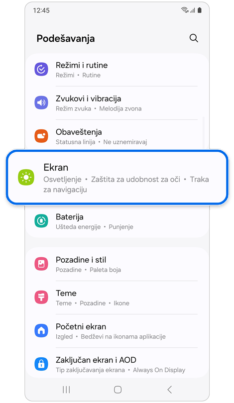 Početni ekran za Podešavanja.