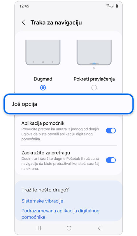 Traka za navigaciju, ekran podešavanja.