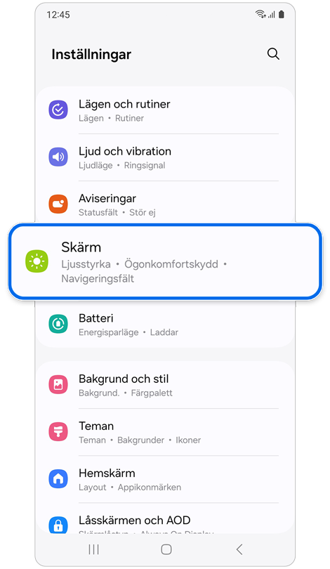 Startskärmen Inställningar.