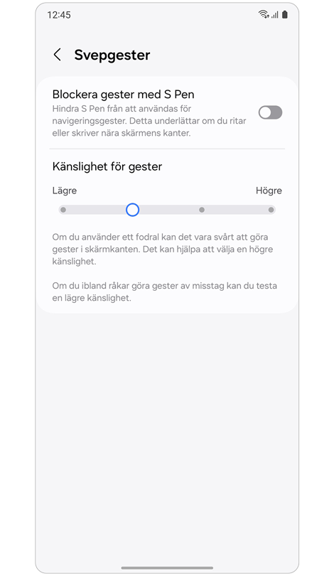 Inställningar för svepgester.
