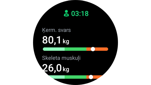 Ķermeņa uzbūves mērījumu rezultāti Galaxy Watch viedpulkstenī.
